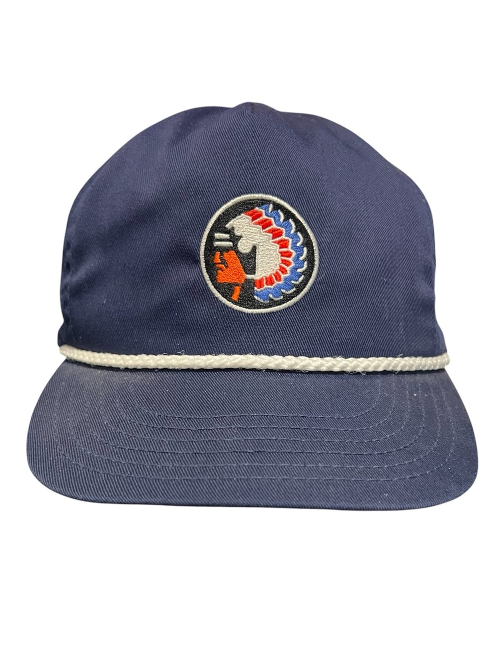 Vtg navy blue rope hat with circular embroidered Native American patch